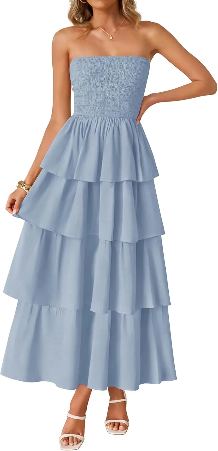 ZESICA Womens Summer Boho Strapless Maxi Dress 2025 Casual Sleeveless Off Shoulder Smocked Tiered Beach Long Sundress