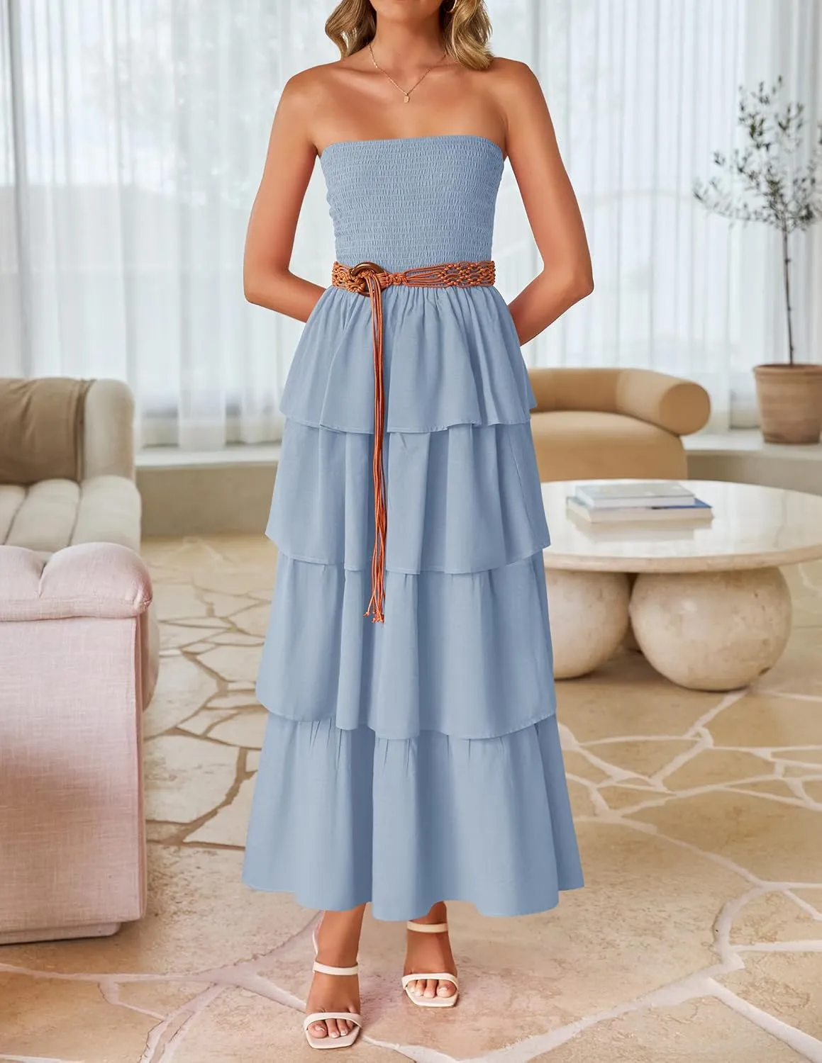 ZESICA Womens Summer Boho Strapless Maxi Dress 2025 Casual Sleeveless Off Shoulder Smocked Tiered Beach Long Sundress