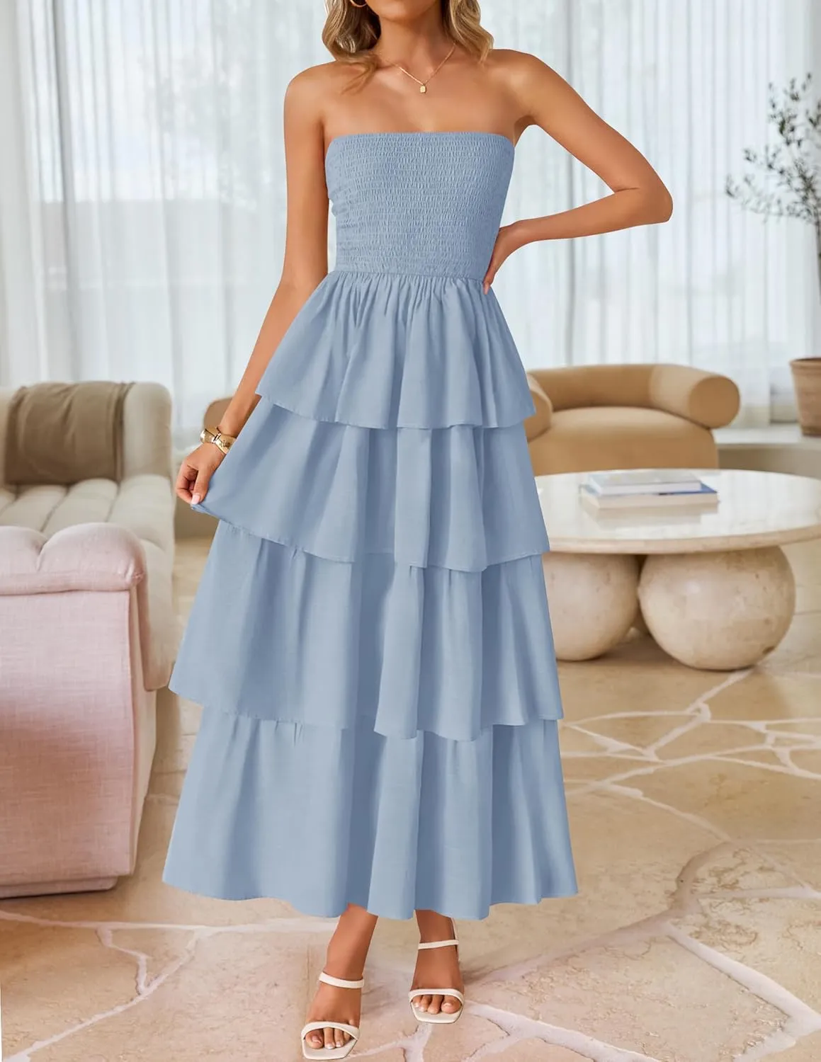 ZESICA Womens Summer Boho Strapless Maxi Dress 2025 Casual Sleeveless Off Shoulder Smocked Tiered Beach Long Sundress