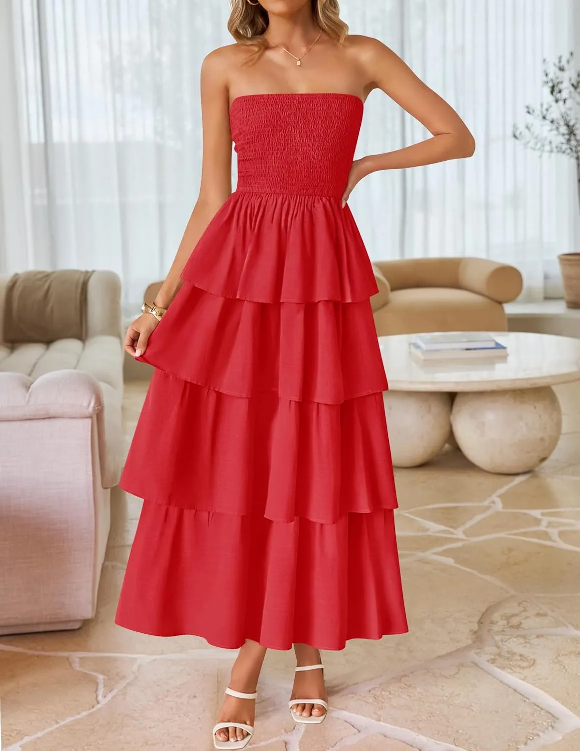 ZESICA Womens Summer Boho Strapless Maxi Dress 2025 Casual Sleeveless Off Shoulder Smocked Tiered Beach Long Sundress