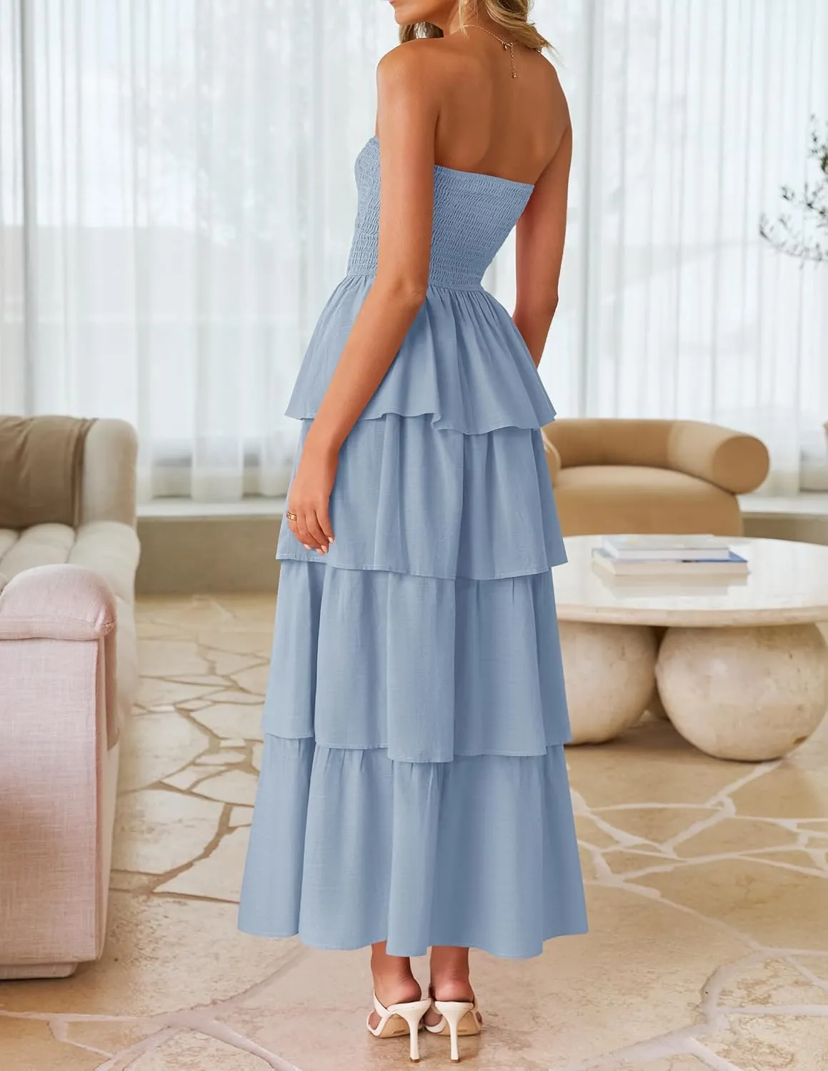 ZESICA Womens Summer Boho Strapless Maxi Dress 2025 Casual Sleeveless Off Shoulder Smocked Tiered Beach Long Sundress